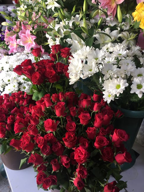 A vibrant display of fresh flowers including deep red roses, white daisies, pink lilies, and yellow blooms arranged together. The roses are densely packed with velvety petals, positioned in the foregr