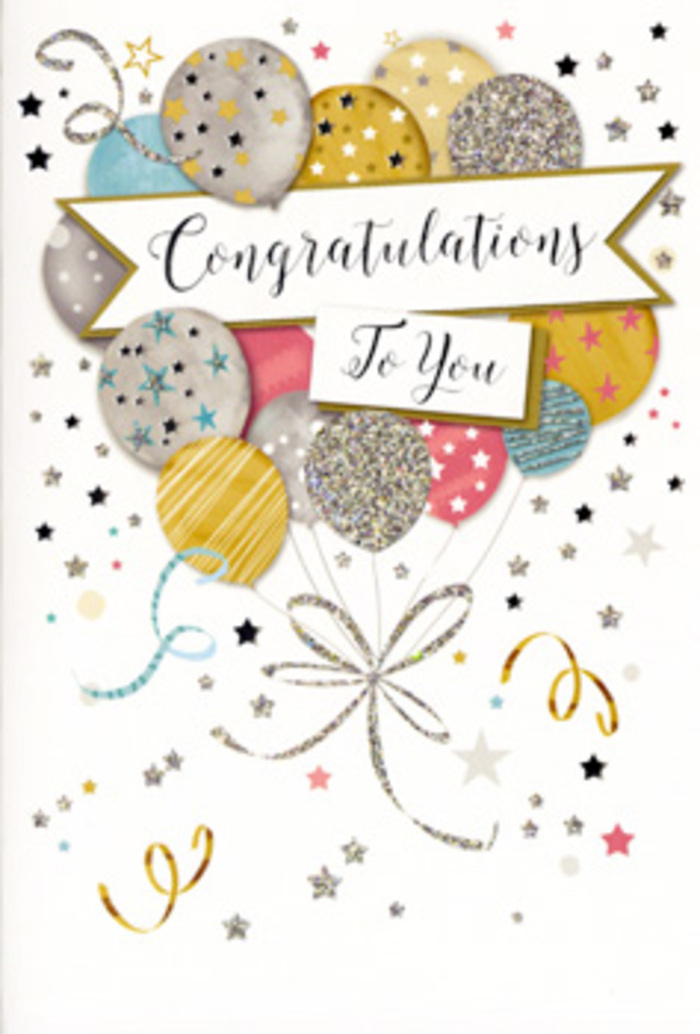 In this close-up image, a refined congratulations card takes centre stage, radiating the quiet excitement of a well-earned celebration in Leytonstone. The front artwork features a gathered bouquet of illustrated balloons, rising together as if carried on a gentle breeze drifting over from Hollow Ponds. Each balloon is softly rounded and coloured in a mix of understated yet luminous shades: warm gold, cool silver, pale champagne, serene sky blue, romantic blush pink, and subtle grey. Decorative details bring each one to life-sprinkles of tiny stars, slender metallic stripes, and feathery glitter accents that suggest a gentle sparkle rather than a loud shine. The balloons overlap in a way that gives the impression of depth, with some partially hidden behind others, creating a natural, organic feel. From their bases, narrow ribbons of gold and silver unfurl downward in loose, swirling lines, intertwining near the bottom edge of the card like festive streamers trailing from a celebration. Across the midsection, a beautifully drawn banner crosses the balloon cluster, its edges slightly curved as if lightly billowing. On the banner, the message "Congratulations To You" is written in graceful, flowing calligraphy that feels heartfelt and carefully considered. The background is a light, neutral tone, softly speckled with metallic stars, curly ribbon shapes, and tiny dots that read as drifting confetti, bringing a delicate sense of motion to the still image. You can almost imagine the texture: smooth, weighty cardstock enhanced by glossy inks and perhaps raised glitter that would catch your fingertips. The overall appearance is tasteful and joyful, a perfect complement to a handcrafted bouquet from Leytonstone Florist, whether it's being delivered to celebrate a promotion, a graduation, or a personal achievement cherished within the local community.